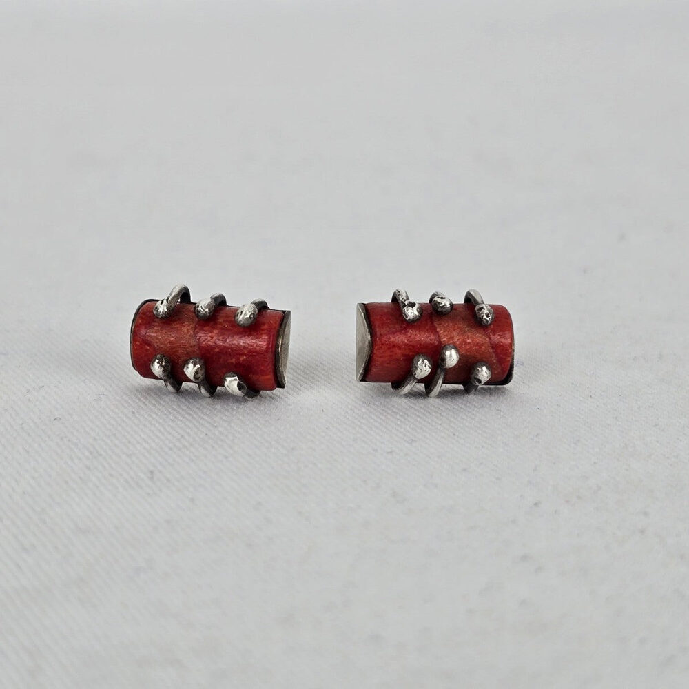 Vintage Sterling Silver Red Coral Barrel Stud Earrings Artisan Handmade Unique